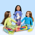 three dolls are having  pajama party on the Maplelea Slumber Lounge Fold-out bed