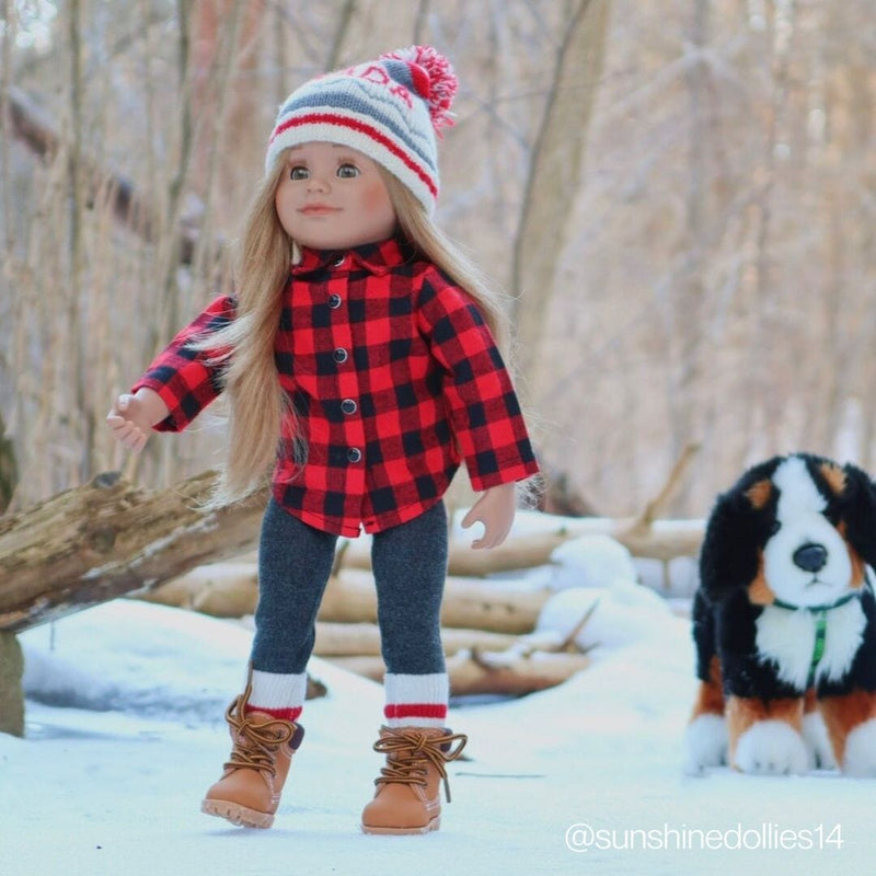 Canadian buffalo plaid shirt Canada hat grey leggings on Maplelea 18 inch doll wearing lace up boots