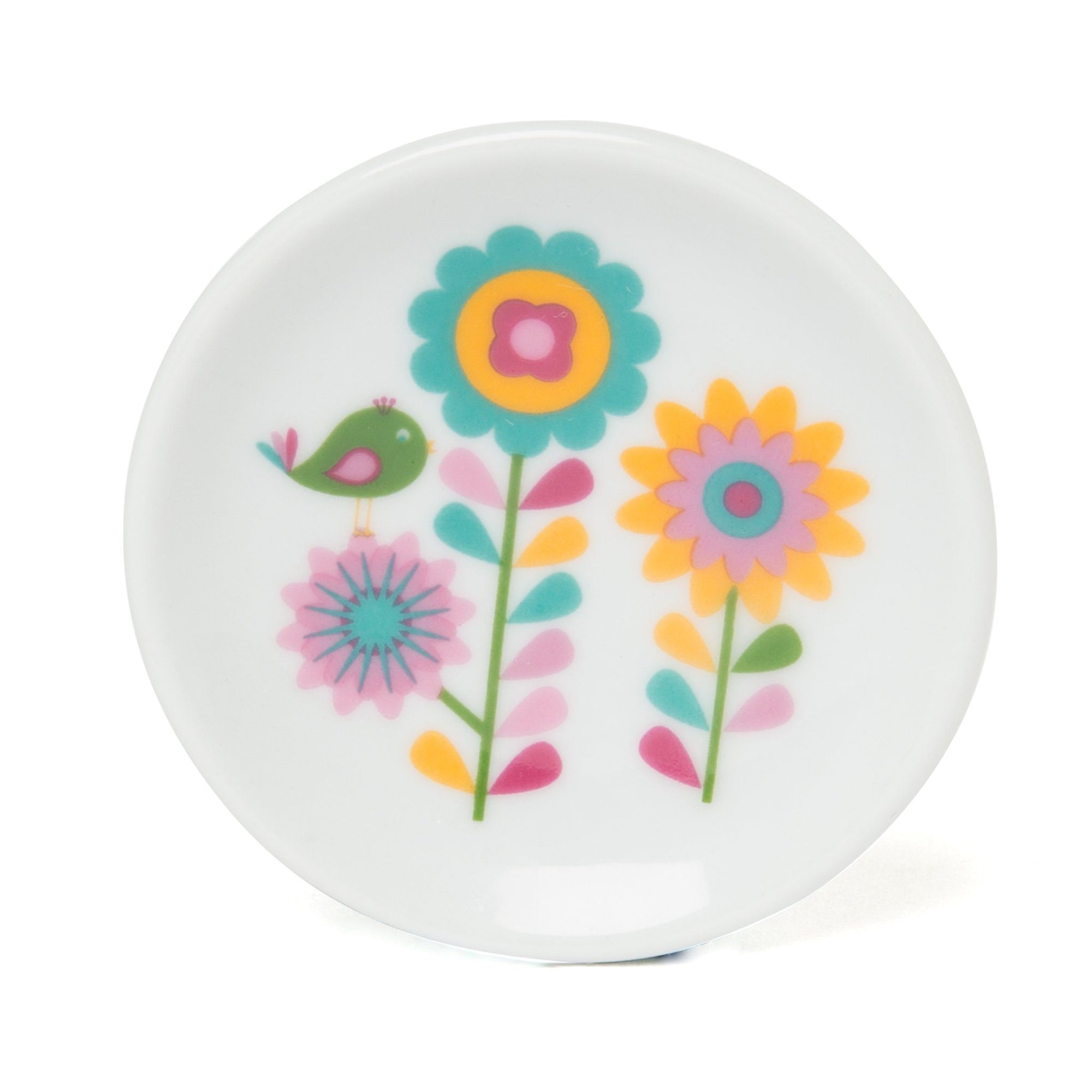 China plate for doll's tea set with bird and flower graphic.