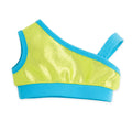 West Coast Waterwear asymmetric sparkly green bathing suit top with blue trim for 18-inch dolls. 