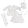 Pioneer Quebecoise 8-piece outfit white chemise scarf tights and apron and bonnet.