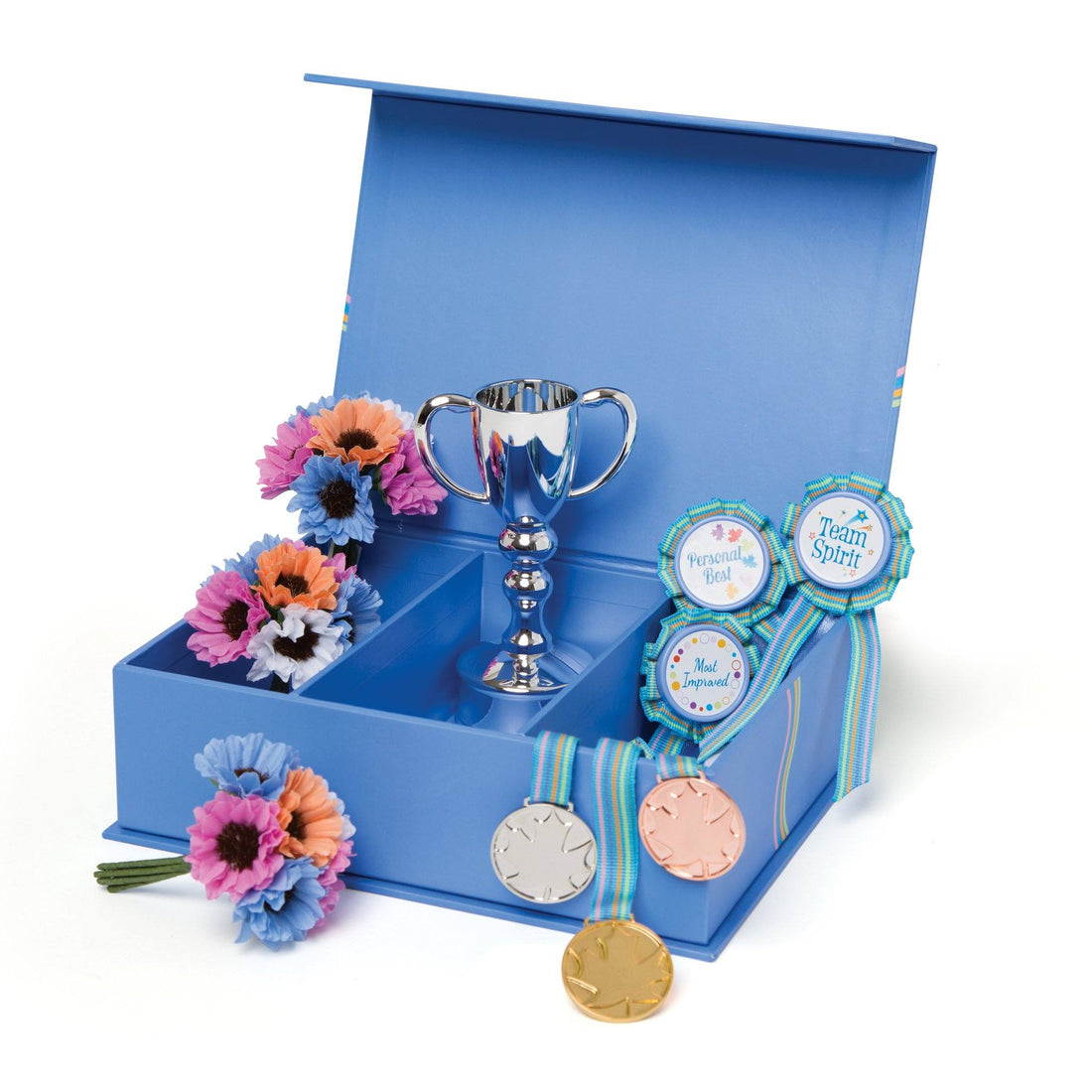 winner's circle gold, silver and bronze medals, silver trophy, 3 bouquets of flowers, 3 participation ribbons for all 18-inch dolls in their blue maplelea sturdy keepsake box.