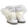 Furry white winter boots for 18 inch dolls trimmed with faux fur grey soles and silver stitching.