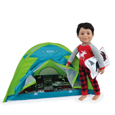 red and black buffalo plaid doll-sized comforter set shown in pop-up tent with 18" short-haired doll bear silhouette holding pillow